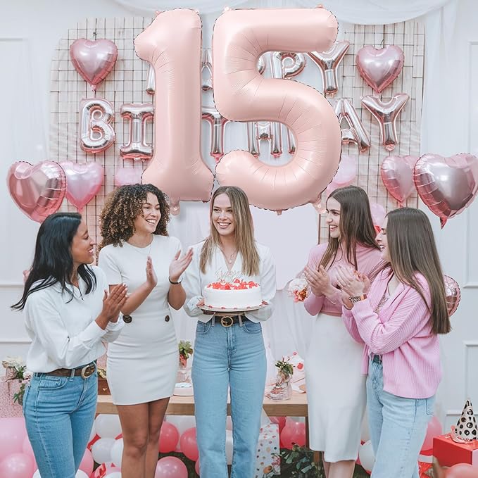 Foil 15 Balloon, Dusty Light Blush Pink Big Number 15 Balloons for Girls Birthday Party Decor, 40 Inch Mylar Self Inflating Number 15 Pastel Baby Pink Balloon for Women 15th Birthday Party Decorations