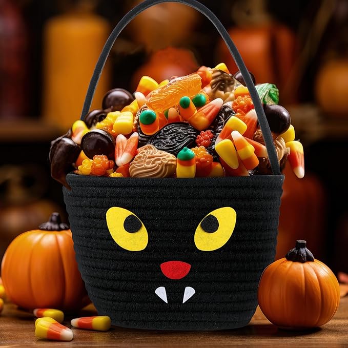 Halloween Trick or Treat Basket with Handle Cute Bucket Cotton Rope Woven Candy Bag Pumpkin Witch Cat Pig Storage Basket for Halloween Party Favor(black,Cat)