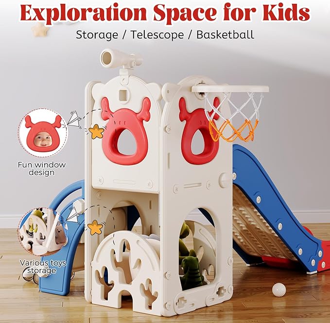 Toddler Slide, 7 in 1 Toddlers Playset Upgrade with Kids Slide Golf Set, Basketball Hoop and Storage Space for Toddler Age 1-3, Backyard Playground Indoor and Outdoor