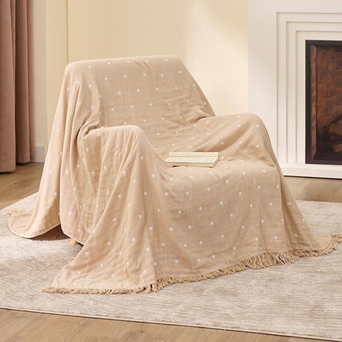 100% Cotton Boho Throw Blanket for Home Decor – Classic Farmhouse Quilt Bedding, Muslin Blankets for Adults, Vintage Woven Decorative Blanket for Couch, Bed Layering Use, Classic Dotted, 90"x90"