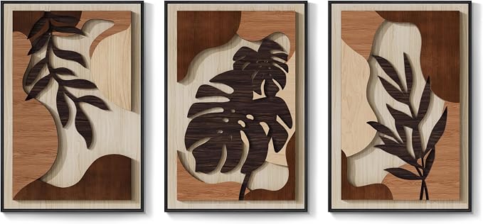 Framed Wood 3D Boho Textured Wall Art Bedroom, 3 Piece Tropical Botanical Carved Wooden Artwork for Walls, Brown Monstera Leaf Wood Wall Art Decor for Living Room Dining Room Home Office, 16x24 Inch