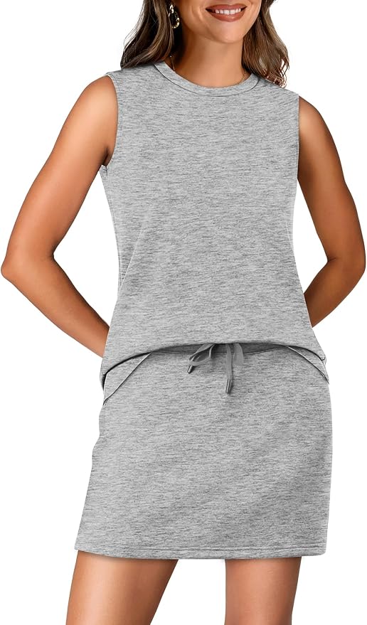 WIHOLL Two Piece Skirt Sets for Women Summer Vacation Outfits Tennis Skirt Crew Neck Top Versatile Lounge Sets