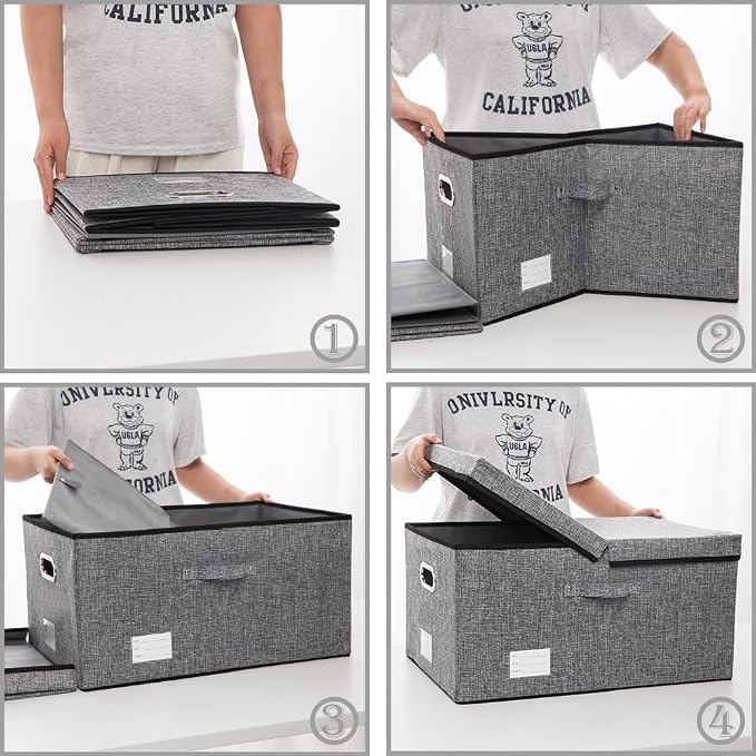 Storage Bins with Lids [3-Pack] Linen Fabric Foldable Storage Boxes Organizer Containers Baskets Cube with Cover for Bedroom Closet Office Grey(23.4X15.9X11.4)