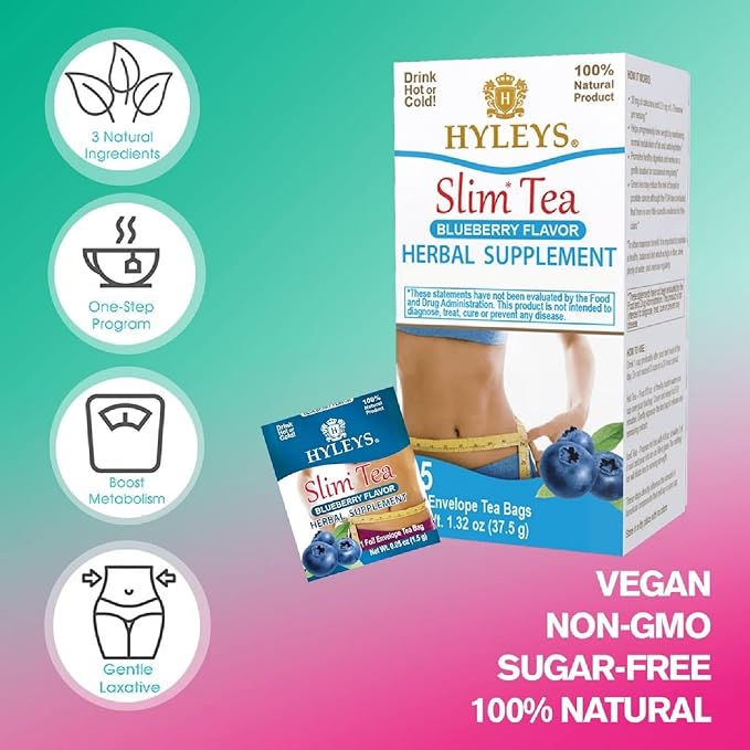 HYLEYS Slim Tea Blueberry Flavor - Weight Loss Herbal Supplement Cleanse and Detox - 25 Tea Bags (6 Pack)