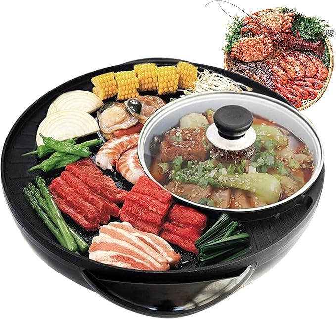 Hot Pot with Grill 2 in 1, Multifunctional Smokeless Korean Barbecue Grill, Indoor Electric Hotpot Grill Combo, Capacity for 3-5 People, Non-stick Black 110v