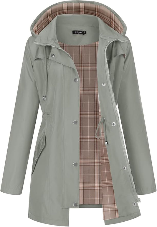 LOMON Women Waterproof Outdoor Hiking Raincoat Women Lined Rain Jacket Lightweight Hooded Jackets Trench Coats
