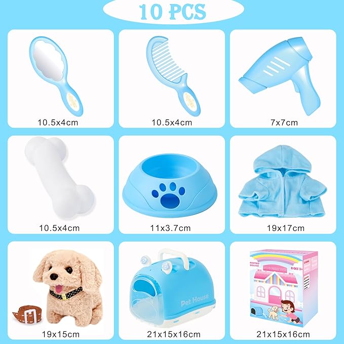 Dog Toys for Kids Girls, Walking and Barking Electronic Interactive Plush Puppy Toy Set and Pet Care Toy Set Accessories, Pretend Playset for Toddlers, Girl Role Play Gift for 3 4 5 6 Year Old