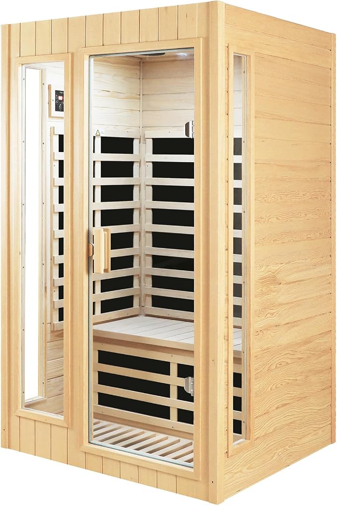 2 Person Sauna, Low EMF Far Infrared Sauna, 1500W Hemlock Wood Sauna Indoor Sauna Infrared Sauna for Home with Bluetooth Speakers, Reading Lamps, Tempered Glass