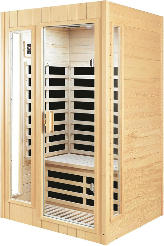 2 Person Sauna, Low EMF Far Infrared Sauna, 1500W Hemlock Wood Sauna Indoor Sauna Infrared Sauna for Home with Bluetooth Speakers, Reading Lamps, Tempered Glass