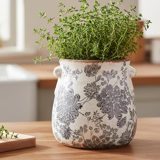 Tuscan Ceramic Planter & Vase, 6.68" Indoor/Outdoor Decorative Plant Pot | Unique Boho Flower Pot with Drainage, French Country Decor, Room & Home Ornament, Plant Gifts for Women, Vintage Grey