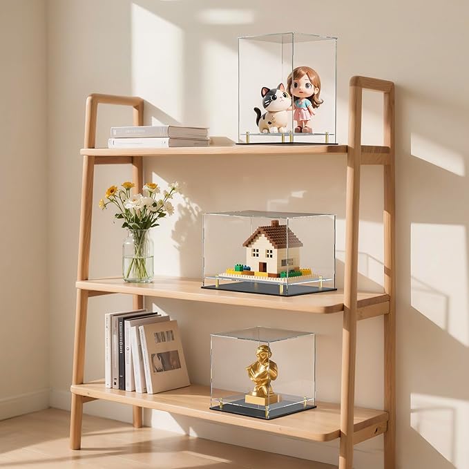 Acrylic Display Case with Floating Shelf & Thick Base – UV-Protected Collectible Showcase for Souvenirs, Figurines, and Memorabilia (9" Lx9 Wx9 H)