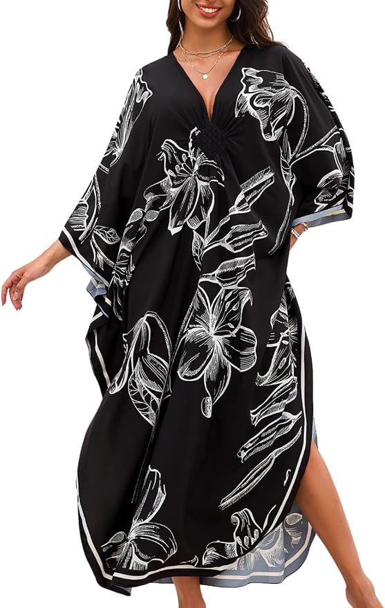 ChiaoLezhee Print Moo-Moos for Women, Kaftan Cover-Up Dresses, Sexy V-Neck High-Slit, Beach Pool-Party Coverups Muumuu Plus