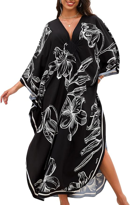 ChiaoLezhee Print Moo-Moos for Women, Kaftan Cover-Up Dresses, Sexy V-Neck High-Slit, Beach Pool-Party Coverups Muumuu Plus