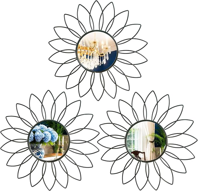 3 Pack Metal Mirrors for Wall Sunburst Wall Mirrors Home Décor Decorative Hanging Wall Art for Living Room Bedroom Entryway (Black2, Flowers)
