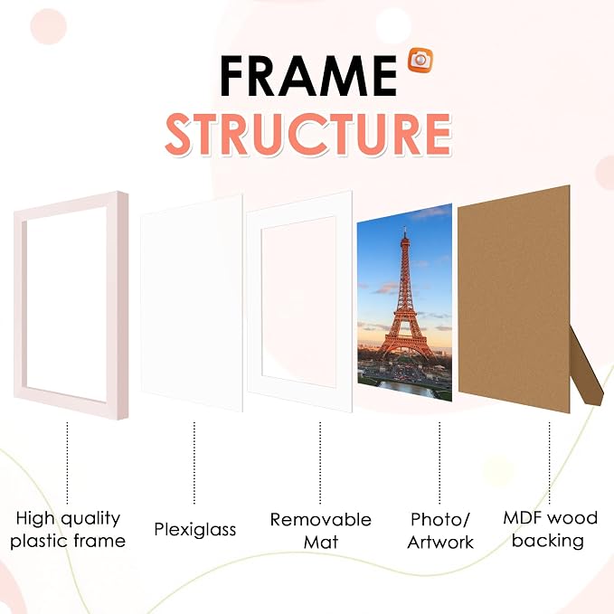 FIXSMITH 8x10 Picture Frame Set of 2, Pink Photo Frame with HD Plexiglass, Display Pictures 5x7 with Mat or 8x10 Without Mat Multi Picture Frames Collage for Tabletop or Wall Display