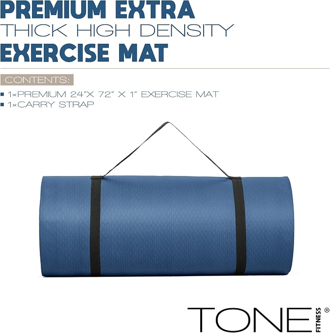Tone Fitness 1-Inch Thick Yoga Mat | High-Density, Non-slip Exercise Mat with Carrying Strap for Yoga, Pilates, & Home Gym Workouts | Multiple Options