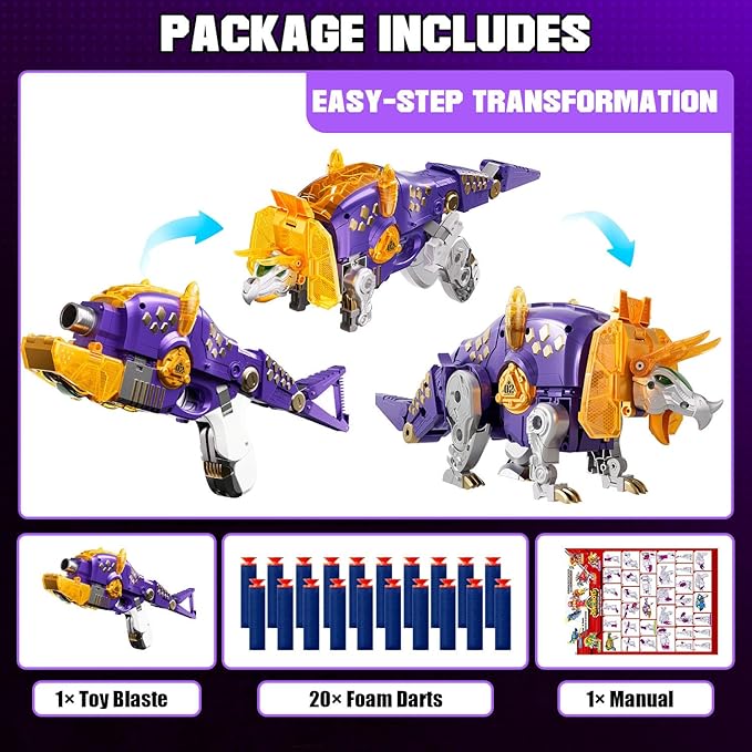 Blaster Toy Gun Transforming Alloy Dinosaur - 2 in 1 Morphing Toy (Gun to Dino), Soft Bullet Toy Blaster Gun with 20 Foam for Indoor Outdoor Shooting Game, Toy Blaster for Kids Boys Girls (T-Dino)