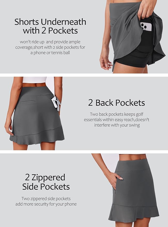 PINSPARK 18" Golf Skorts for Women with 6 Pockets Ruffle Athletic Skort | Above the Knee,High Waist,UPF 50+,4-way Stretch,Lightweight,Ruffle Hem,Tennis,Casual,Work,Pickleball