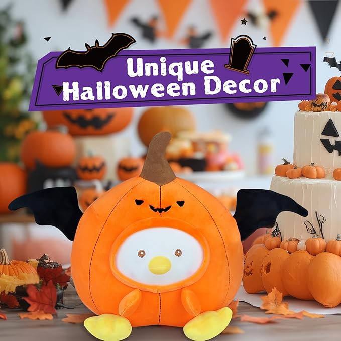 Halloween Pumpkin Pillow Decor, 9.8 Inch Cute Plush Toy, Cute Pumpkin Stuffed Animal, Modern Fall Home Decor, Soft Fluffy Squishy Plushie with Bat Wings