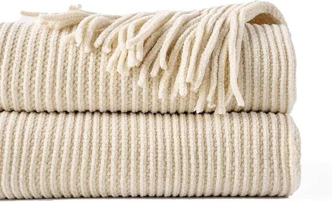 BATTILO HOME Beige Throw Blanket for Couch, Soft Chenille Knit Throws with Tassels for Home Decor, White Cream Throws for Bed Couch Cover, 60"x80"