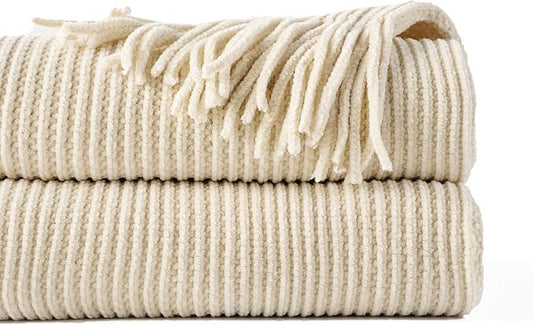 BATTILO HOME Beige Throw Blanket for Couch, Soft Chenille Knit Throws with Tassels for Home Decor, White Cream Throws for Bed Couch Cover, 60"x80"
