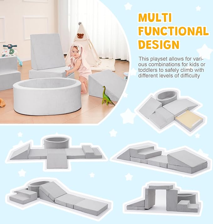 Elftopia Foam Climbing Blocks with Ball Pit & Stairs for Toddlers Aged 1-3 -Soft Playset for Indoor Crawling, Foam Playground Set for Baby to Active Playing Inside -(Balls NOT Included),Grey