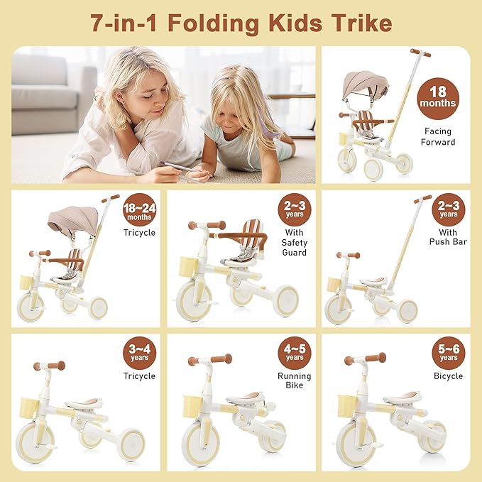 Kids Tricycle with Adjustable Pedals, Removable Canopy Cup Holder Safe, Portable Toddler Bike Age 18-72 Months