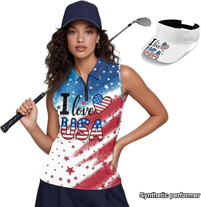 POLERO Golf Tank Top Women Golf Shirts and Visor Hat Collared Racerback Tennis Shirt Set Quarter Zip