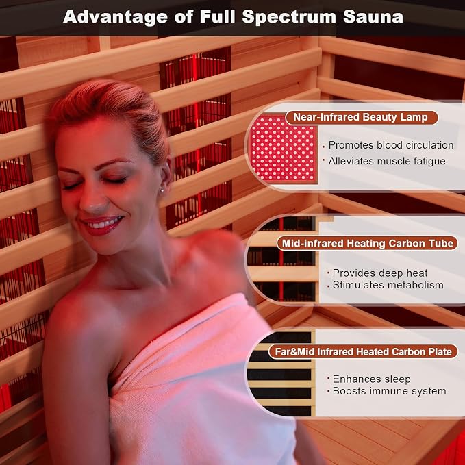 MEISSALIVVE Full Spectrum Sauna for Home, 1-2 Person Indoor Infrared Sauna Room with 10 Minutes Warm-up Heate, Canadian Hemlock Wood Indoor Dry Heat Sauna with Bluetooth and Tempered Glass