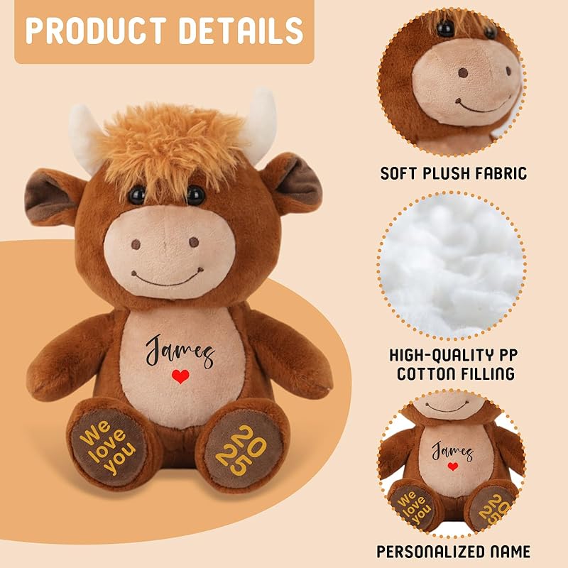 Personalized Highland Cow Stuffed Animal, Farm Cattle Plushie with Custom Name Date Message, Cute Scottish Highland Cows Gift for Baby Kids Adults Women (Brown Cow, 11 Inch)