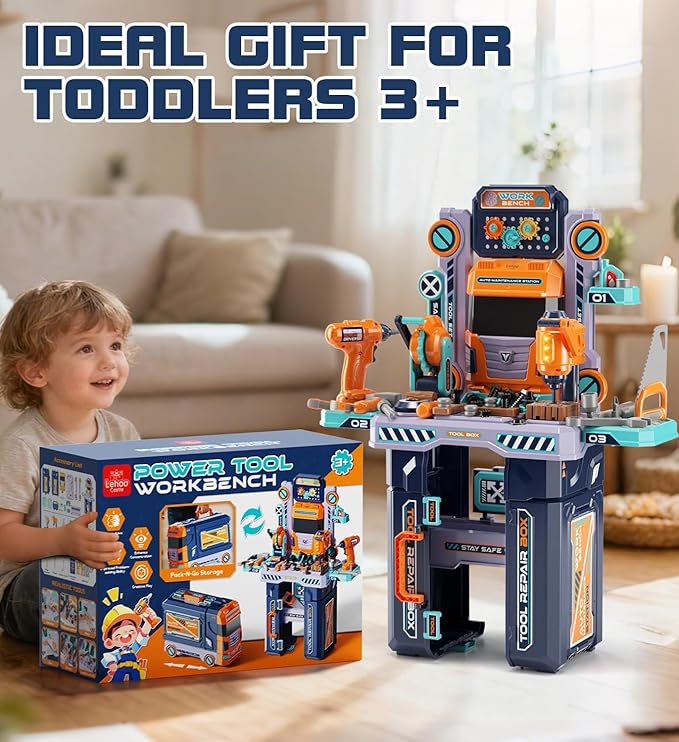 Lehoo Castle Kids Tool Bench (32.5 Inches Tall), Toddler Tool Set with Electric Drill, 2-in-1 Workbench and Toolbox, Pretend Play Tool Toys for Age 3-5, Birthday Gift for Boys