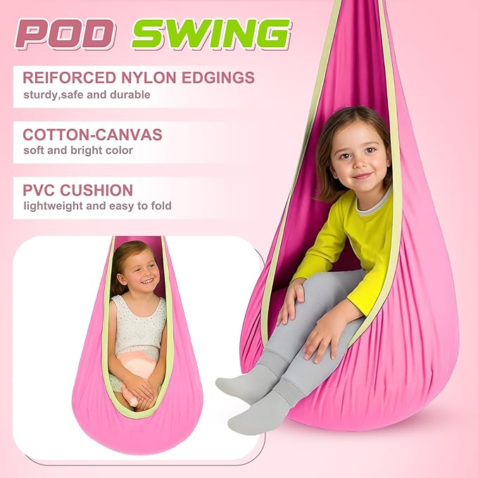 Sensory Swing Stand Frame with Pod Chair and Swings Set Kid Heavy Duty Metal Swing Stands Autism Hammock Chair Stand Tree Saucer Round for Kid Adult Indoor Outdoor Backyard Park(Pink)