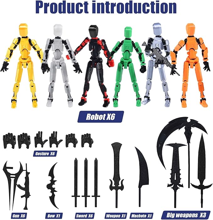 6-Pack T13 Action Figure Set (Assembly Completed), 3D Printed Dummy Action Figure Weapon Gestures Accessories with Stand, Figura de acción t13