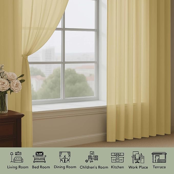 OWENIE Sheer Curtains 84 Inches Long 2 Panels Set, Sheer Gold Curtains for Living Room Bedroom 59 Inch Extra Wide, Modern Voile Filmy Rod Pocket Drapes, 2 Pcs, Each 59 W x 84L, Gold