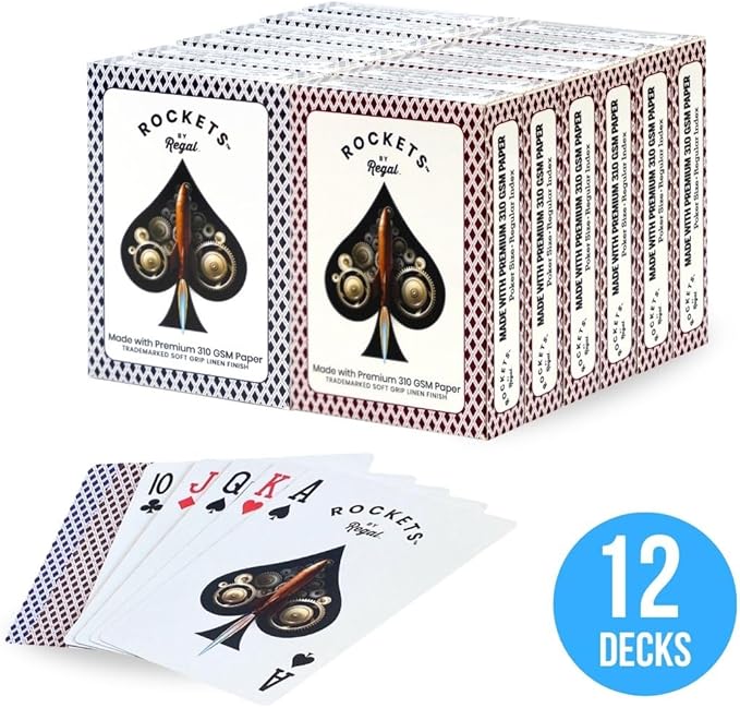 Regal Games Rockets Bulk Playing Cards Set for Adults & Professionals - 12 Standard Decks, 310 GSM Linen Finish - Poker Cards for Blackjack, Euchre, Canasta - Casino Grade, Travel & Game Night Cards