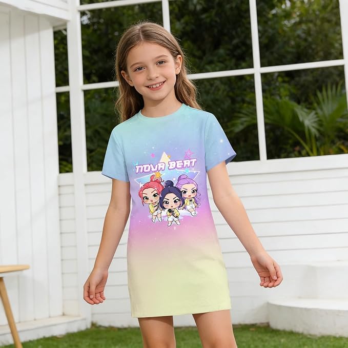 Girl's Anime K-POP Graphic Long Dress T-Shirt - Casual Loose Fit Short Sleeve Top