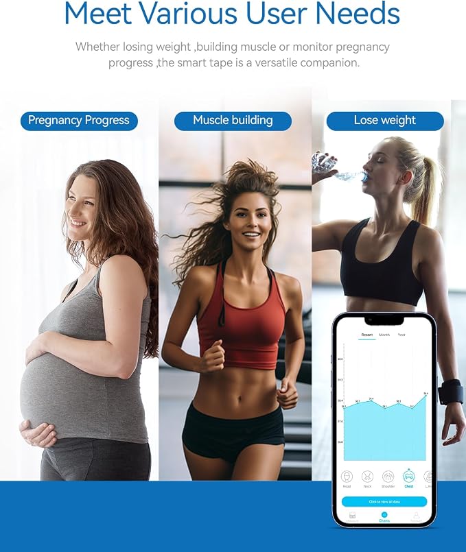 Smart Body Tape Measure, Bluetooth Digital Body Measuring Tape with APP for Body Measurement Device, Clear LED Display, USB-C Rechargeable