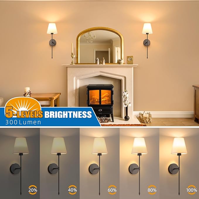19.9 inch Battery Operated Wall Sconce Set of 2,Black Rechargeable Wall Lights with 10400mAh Dimmable Detachable Bulbs and Remote,10 Colors Wireless Sconces for Bedroom Living Room Hallway
