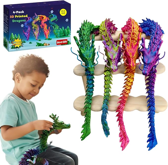 4-Pack 24 Inch 3D Printed Dragon Toy, Articulated Chinese Dragon Action Figure with Gift Box - Christmas Gift, Imaginative Play, Office Desk Decor & Collectible Figurine for Kids & Adults