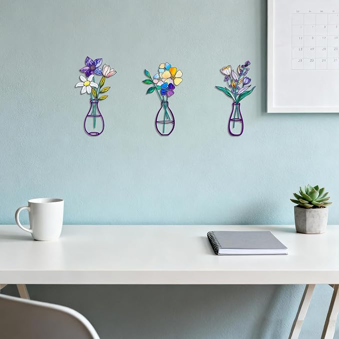 3 Pcs Metal Flowers Wall Arts,Metal Vase Wall Art,Iron Art Painting,Rustic Farmhouse Decor Minimalist Flower Wall Decor for Bedroom Bathroom Living Room Dining Room (Set G)