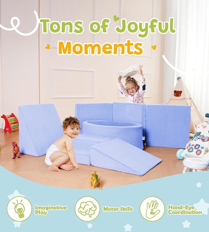 Elftopia Foam Climbing Blocks with Ball Pit & Stairs for Toddlers Aged 1-3 -Soft Playset for Indoor Crawling, Foam Playground Set for Baby to Active Playing Inside -(Balls NOT Included),Light Blue