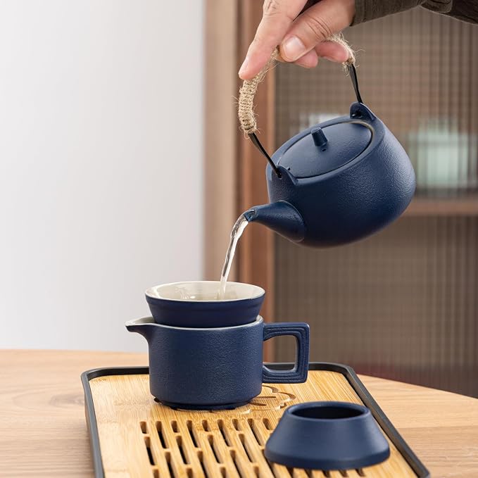 14-Piece Portable Ceramic Travel Tea Set - Chinese Kung Fu Tea Kit with Bamboo Tray & Leather Carry Bag (Blue) for Home/Office/Camping/Gifting