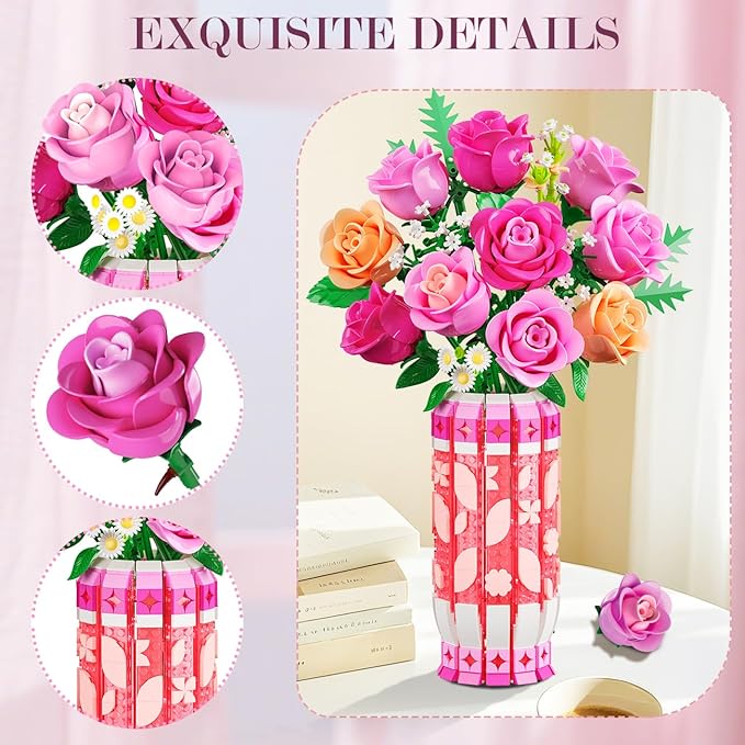 Romantic Pink Roses Bouquet Building Set with Vase & LED Light, 845PCS Flowers Botanical 3.6MM Mini Building Blocks Toys, Gifts for for Her, Artificial Flowers for Office Home Decor & Display