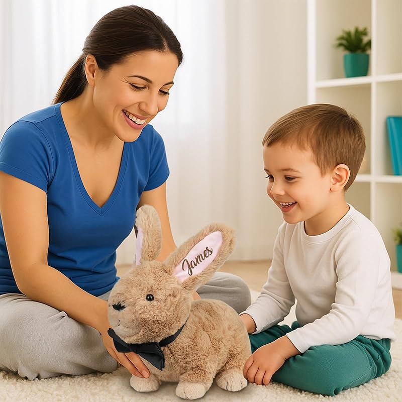 Custom Bunny Plush Embroidered Name, Realistic Bunny Stuffed Animal, Personalised Brown Rabbit for Baby Birthday Easter Gift for Girls Toddlers Kids(1 ear)