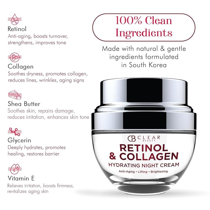 Clear Beauty Collagen & Retinol Night Cream - Firms, Hydrates & Smooths Fine Lines - Face Moisturizer For Dry Skin, Vegan, Clean Beauty - Korean Skin Care, Dermatologist Tested - 1.69 Fl Oz