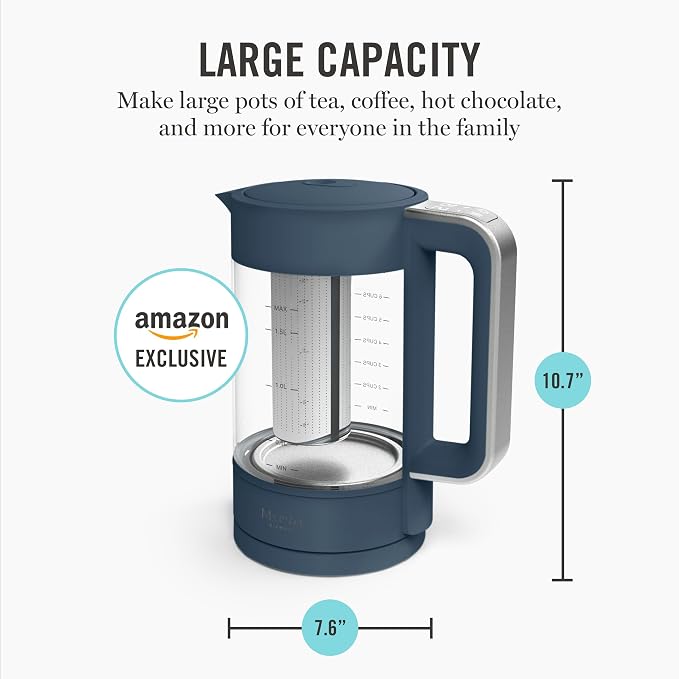 Martha Stewart Electric Kettle with Removable Stainless Steel Tea Infuser, Glass Carafe 1.7L (7 Cups), Hot Water Boiler, 4 Presets,  Keep Warm & Auto Shut-Off, Cordless 360° Swivel Base, Indigo Blue