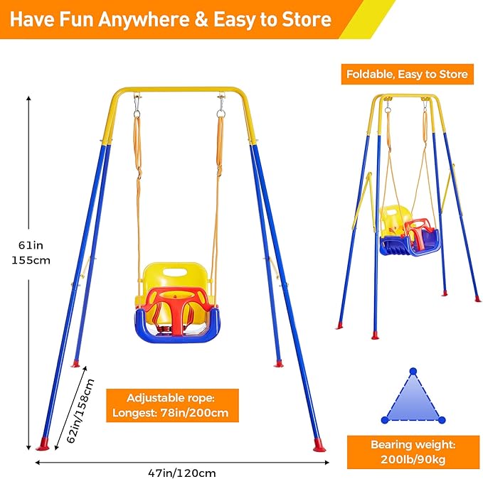 FUNLIO Toddler Swing with Foldable Metal Stand for Toddlers Aged 1~10 Years, 3-in-1 Baby Swing Set with 4 Sandbags for Backyard/Indoor/Outdoor Play, Easy to Assemble & Store