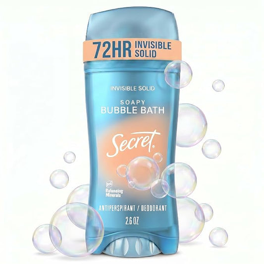 Secret Fresh Antiperspirant Deodorant for Women, 72hr Breathable Sweat & Odor Protection, Instant Freshness & Gentle, PH Balancing Minerals, Invisible Solid, Soapy Bubble Bath Scent, 2.6 oz