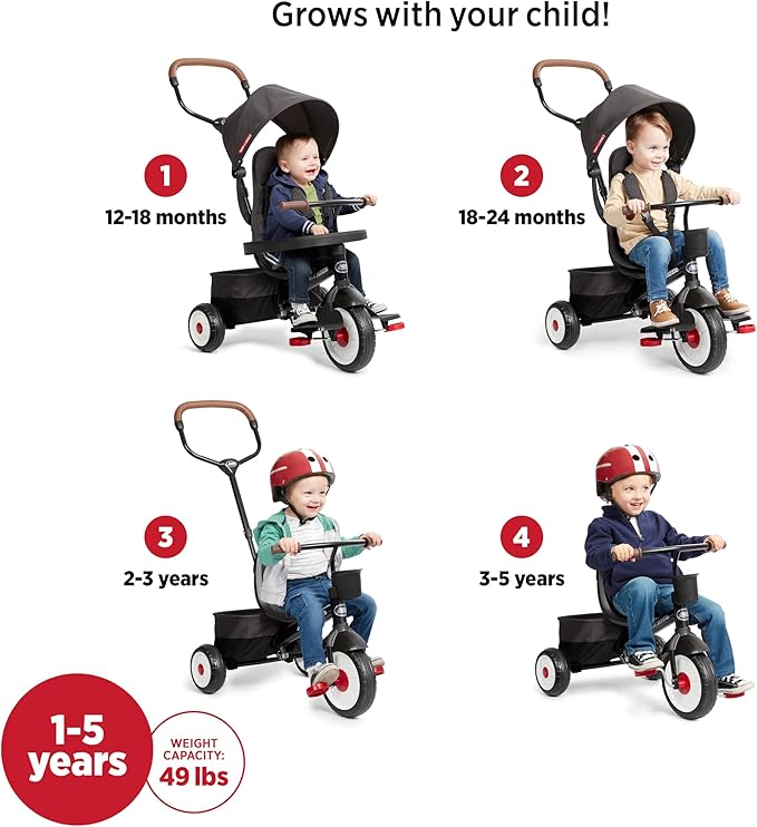 Radio Flyer City 4-in-1 Stroll 'N Trike, Black, for Riders 1-5 Years Old, 4 Riding Modes, 3 Point Harness with Comfort Pad, Parent Controlled Steering, Rear Storage, Stroller Tricycle for Toddlers