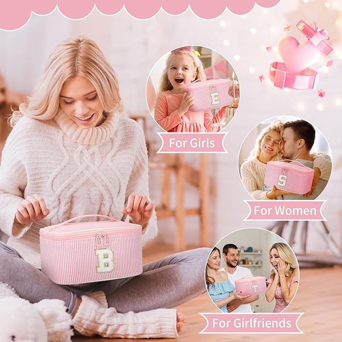 OCHEAL Makeup Bag Valentines Day Gifts for Women, Monogram Cosmetic Bag Pink Travel Makeup Case Beauty Toiletry Bag Organizer Personalized Gifts for Girls Bridesmaid, Sister, Wife, Friends Initial W